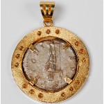 Roman Silver Coin in 14kt Gold Diamond Pendant